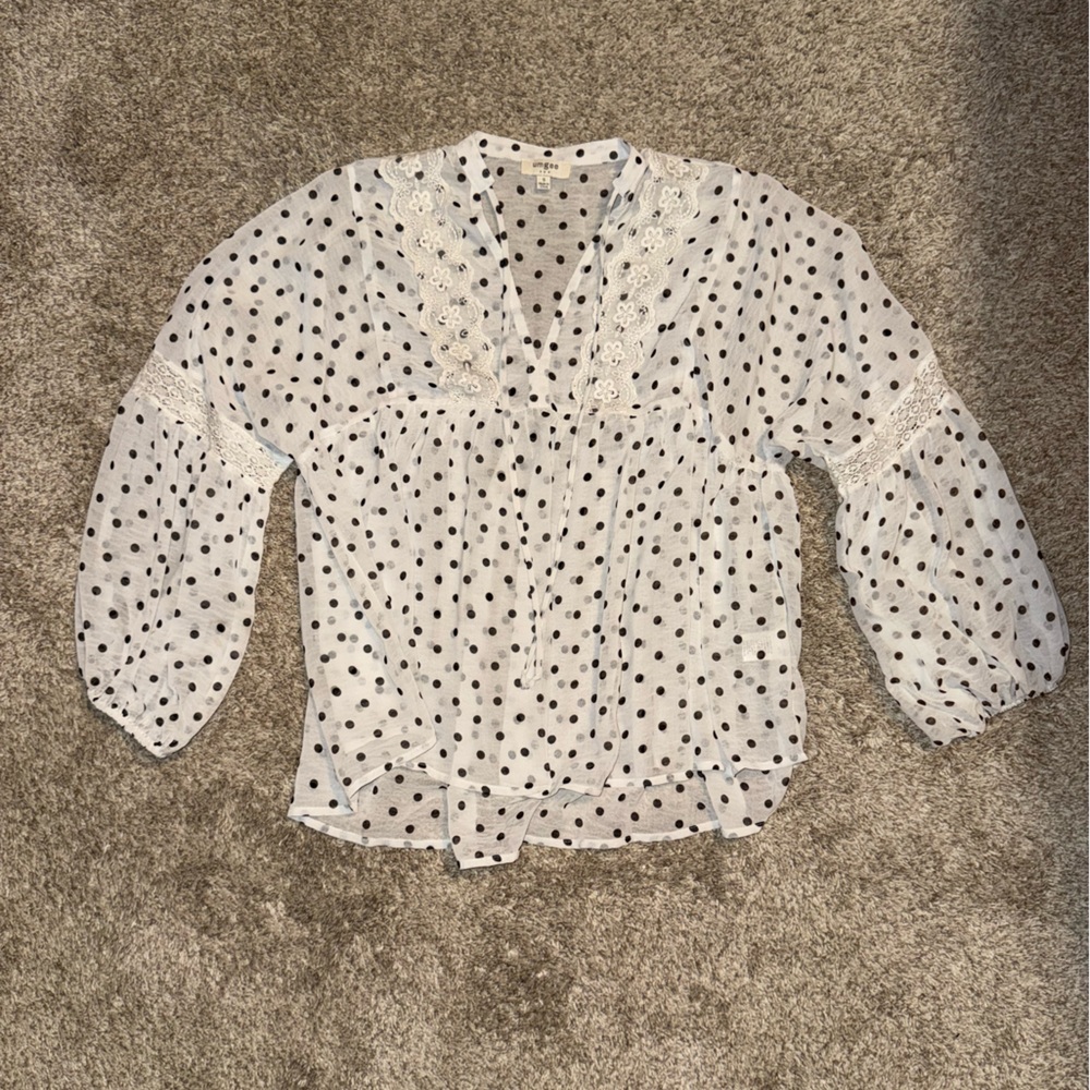 Umgee Sheer White Blouse with Black Polka Dots